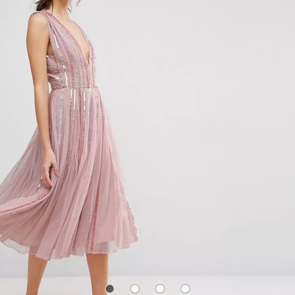 ASOS SALON Sequin Mesh Fit and Flare Midi Dress dress pink beaded size 2 prom - Picture 7 of 15